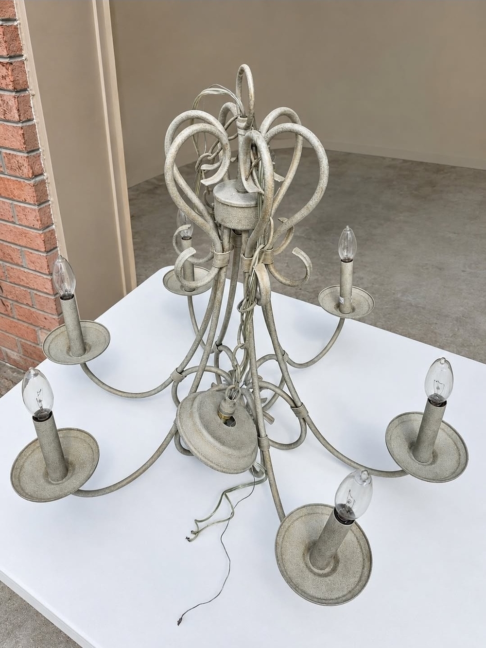 Vintage Scrollwork 6-Arm Chandelier in Distressed Off-White